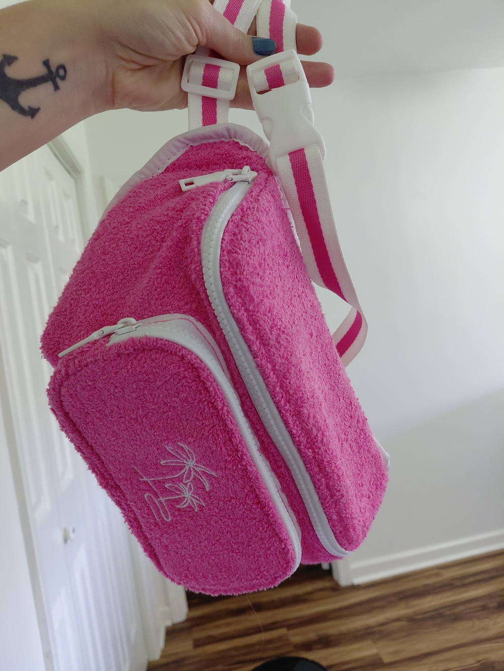 Pink Terry Cloth Crossbody Sling Bag with White Trim